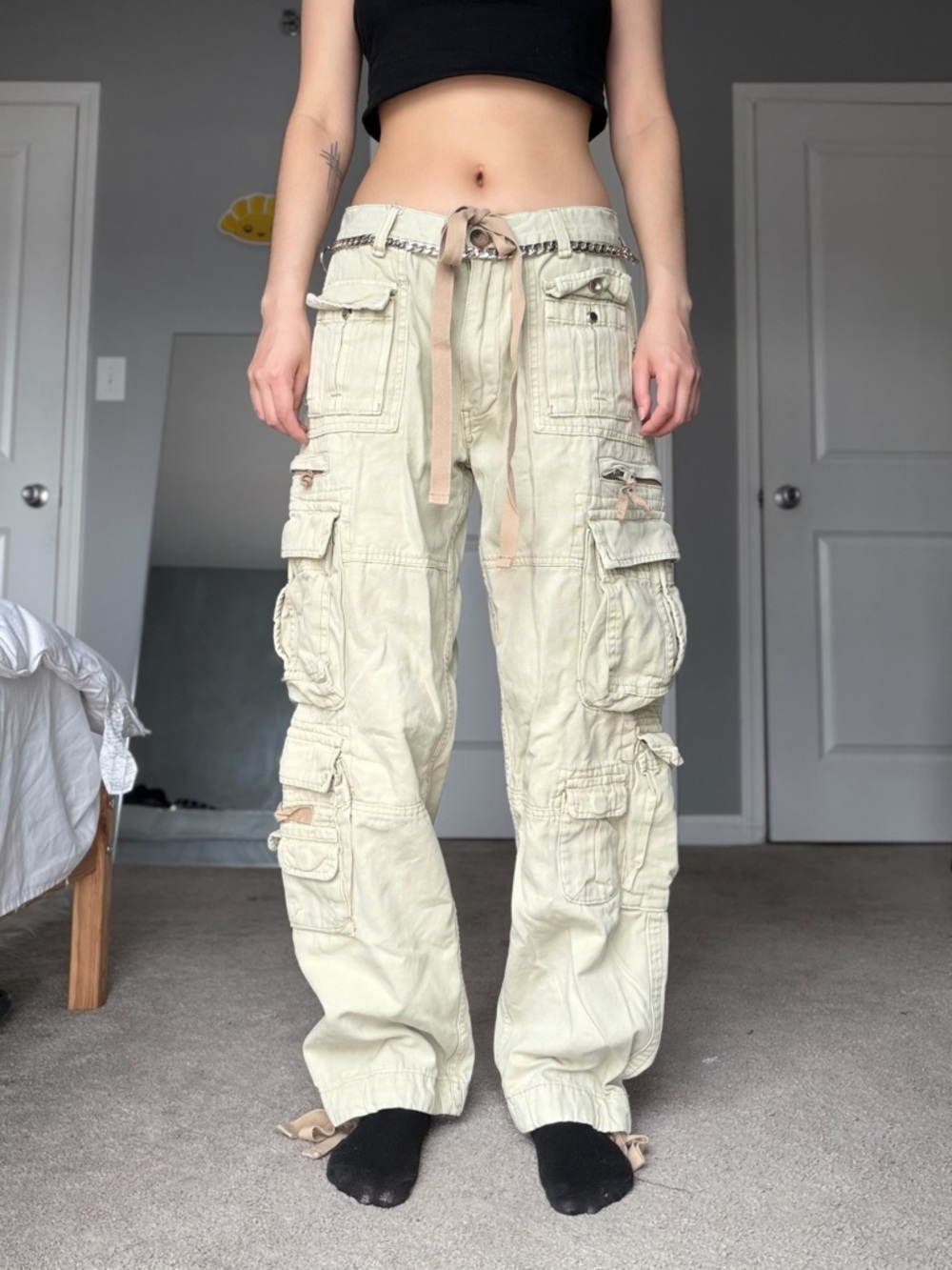 MNML Military Style Beige Multi-Pocket Drawstring Waist Cargo Pants (Men’s 28)